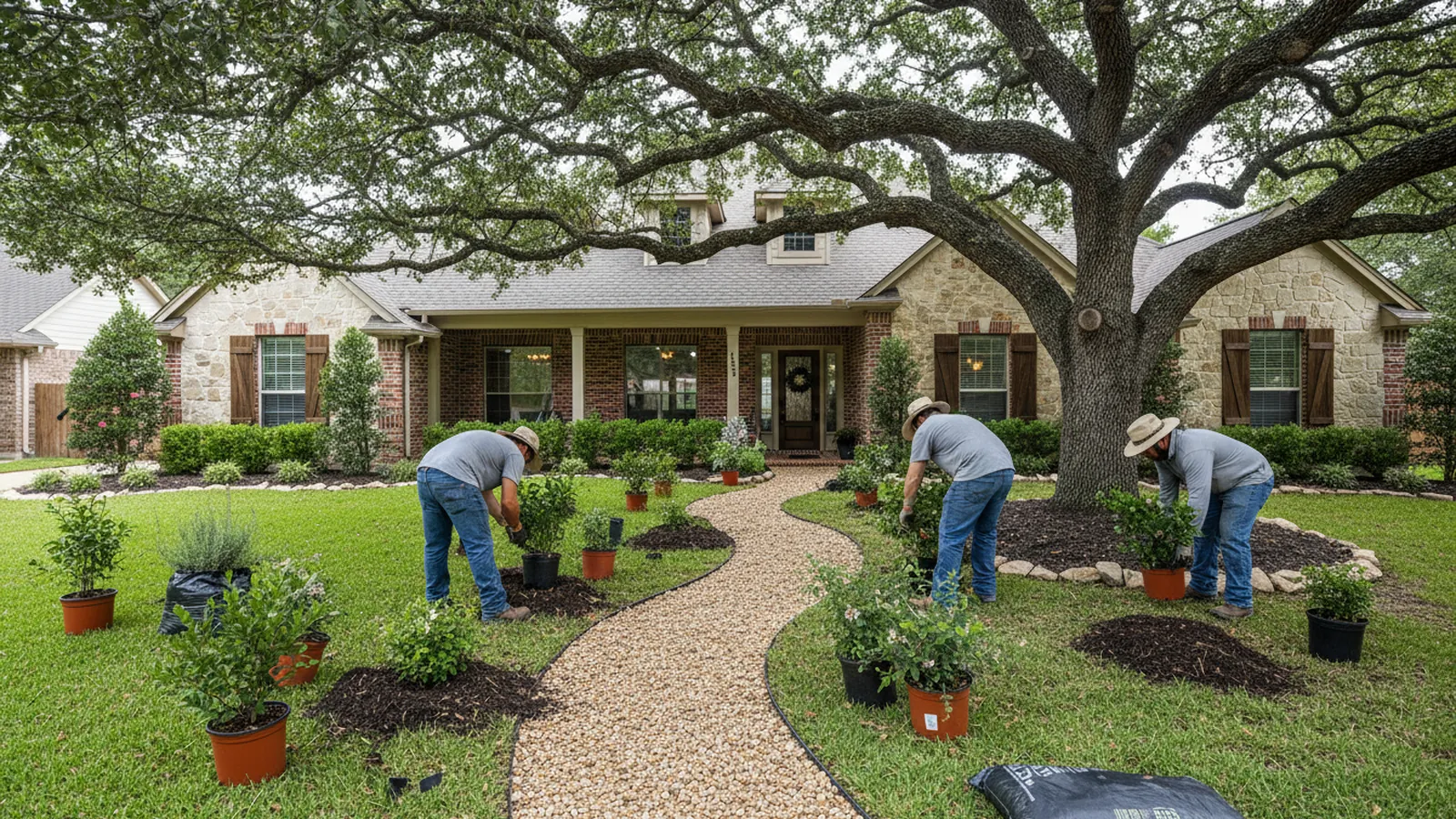 Landscaping crew planting native shrubs along a limestone path in the front yard of a stone-and-brick Austin home shaded by a spreading live oak