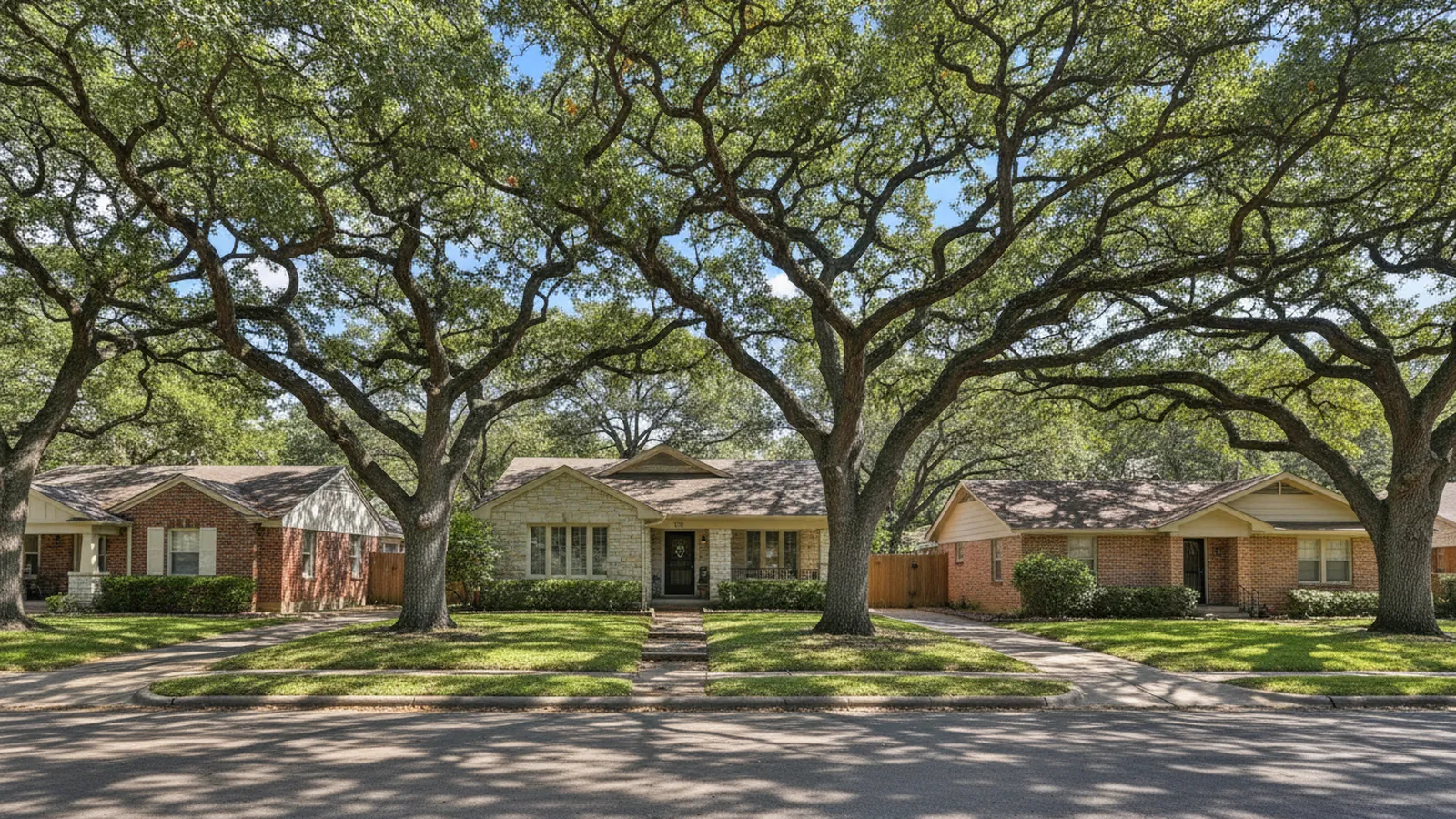 A quiet Austin neighborhood street of bungalows and ranch homes under a canopy of mature pecans and live oaks