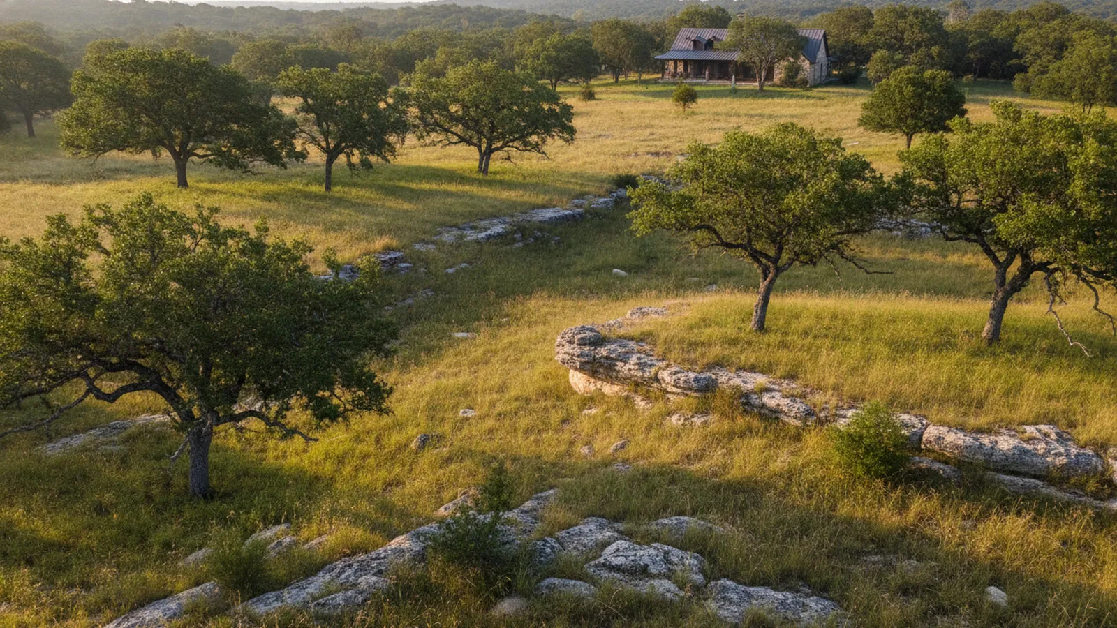 A sloping Hill Country property with scattered live oaks, limestone outcrops and native grasses near Dripping Springs
