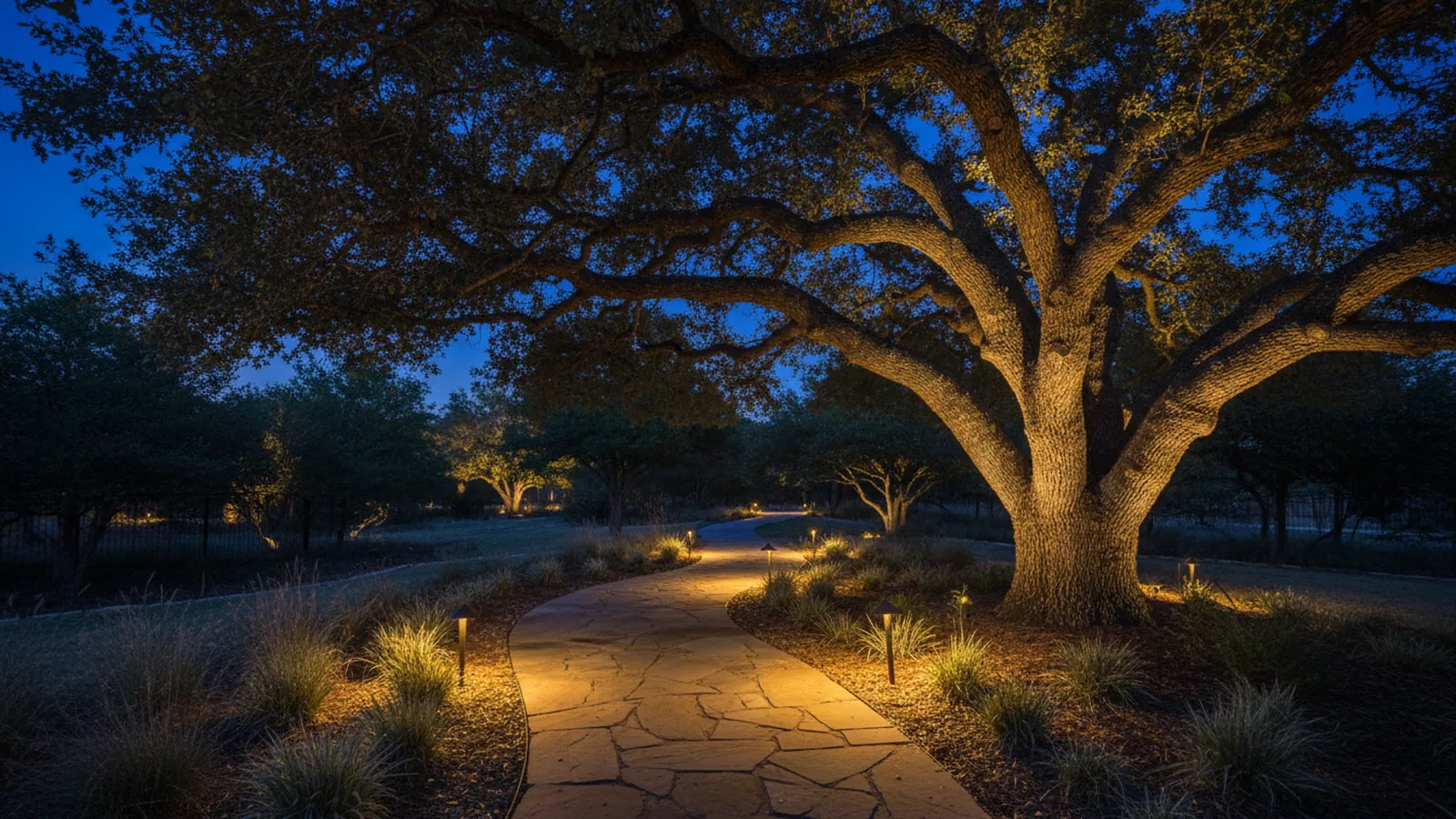 Warm low-voltage path lights glowing along a flagstone walk at dusk, uplights on the trunk of a live oak