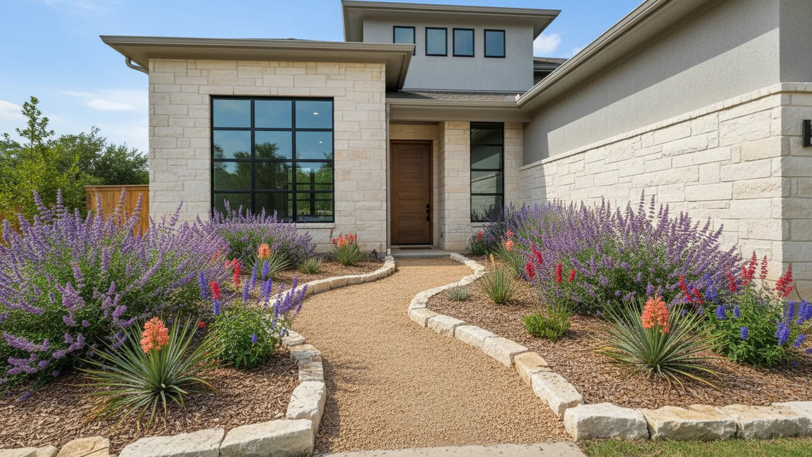 A newly planted front yard with Texas sage, yucca, decomposed granite paths and limestone edging in front of a modern Austin home