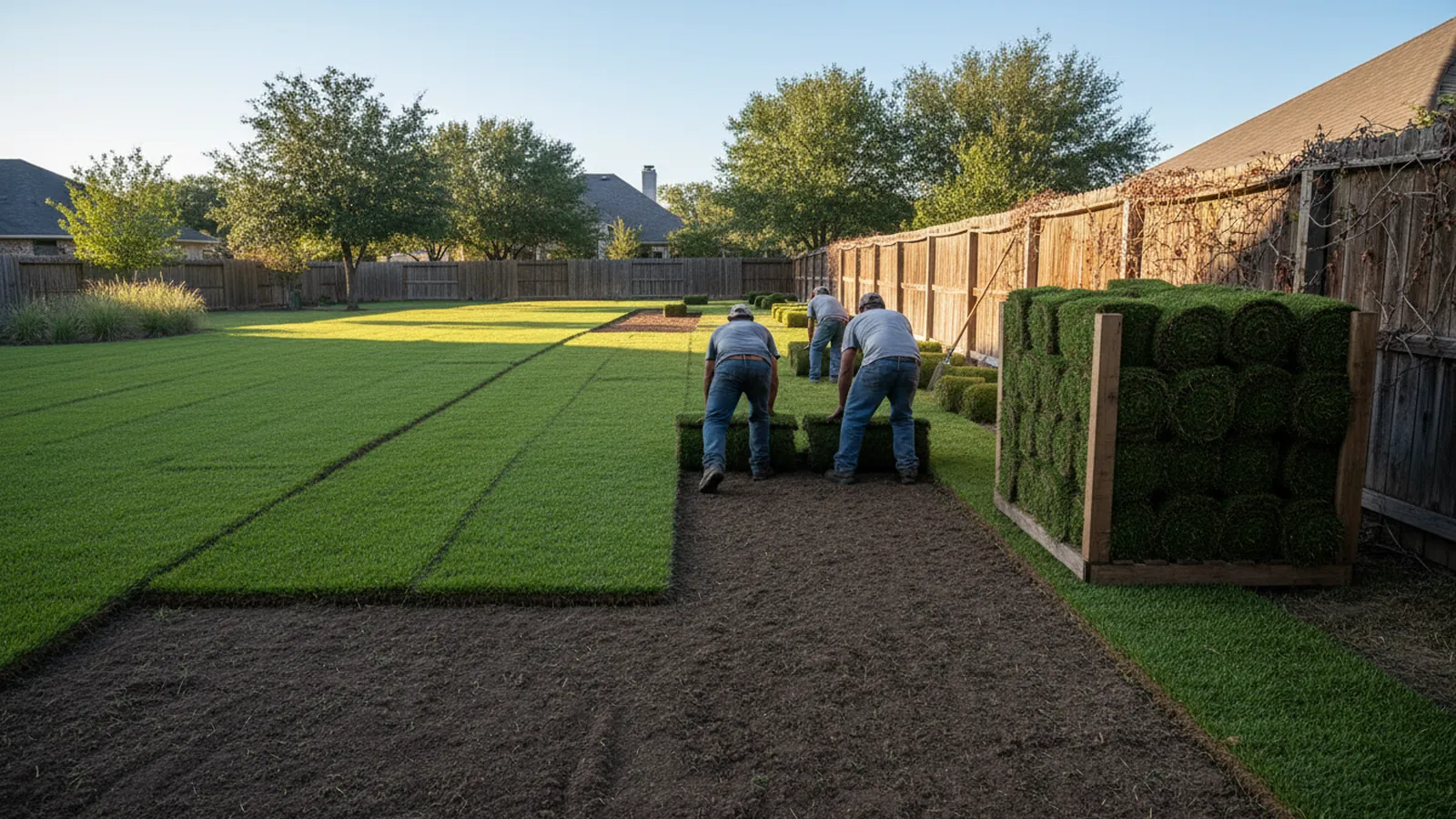 Rolls of Bermuda sod being laid across raked soil in an Austin backyard, pallets stacked by the fence