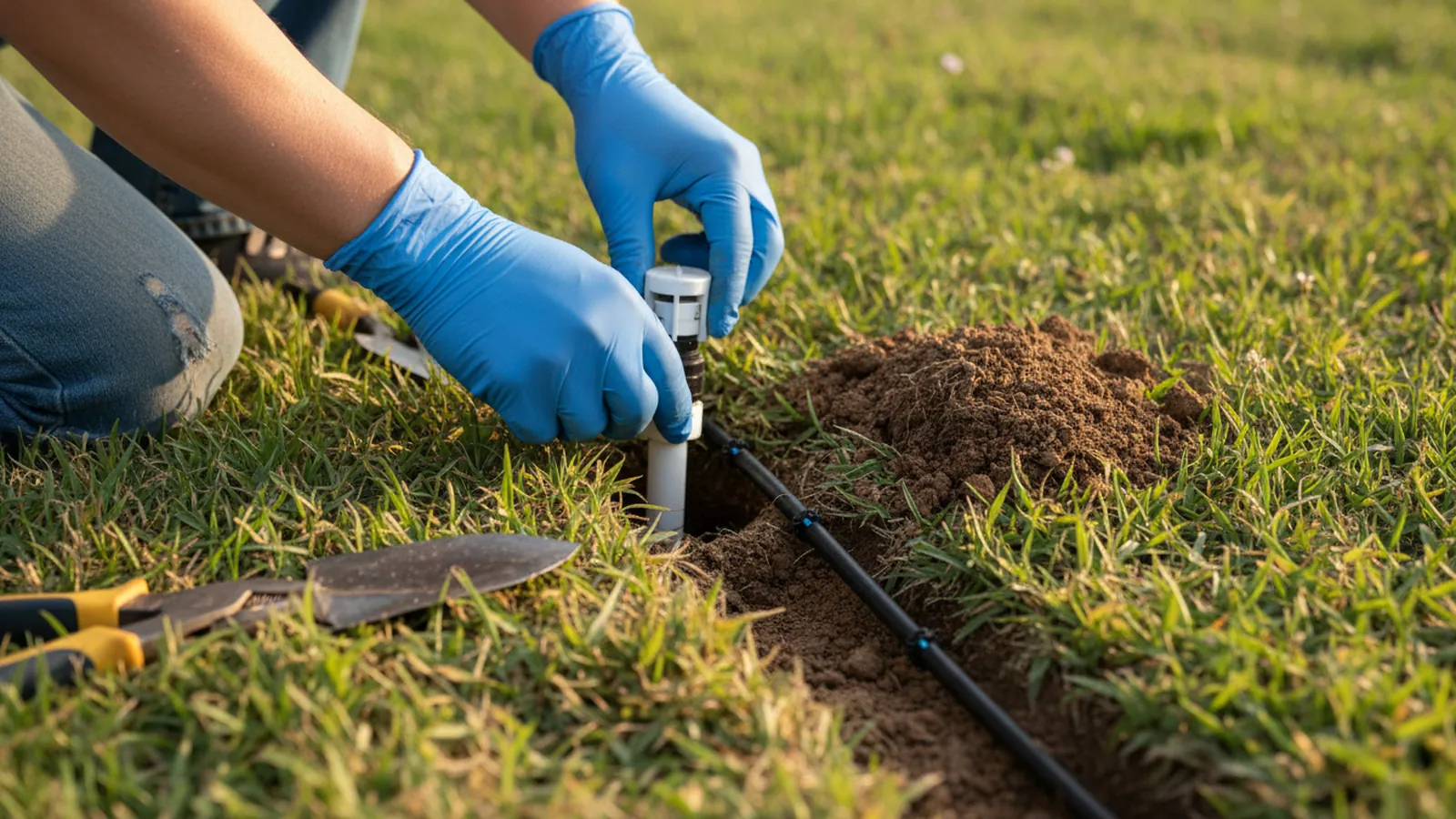 Gloved hands replacing a pop-up sprinkler head beside a trench of drip tubing in a Central Texas lawn