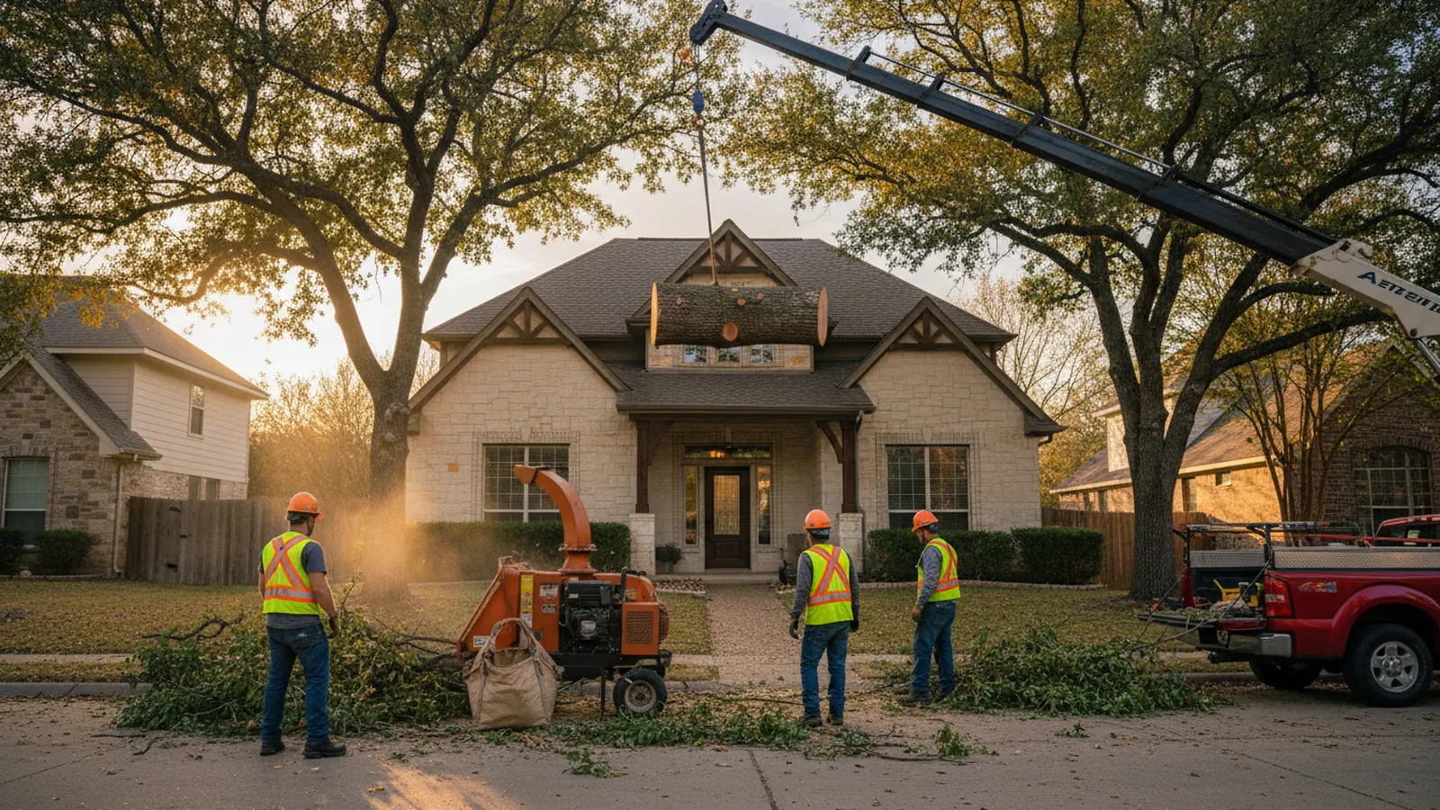 A crane lifting a cut trunk section away from a two-story Austin home while a ground crew feeds brush into a chipper