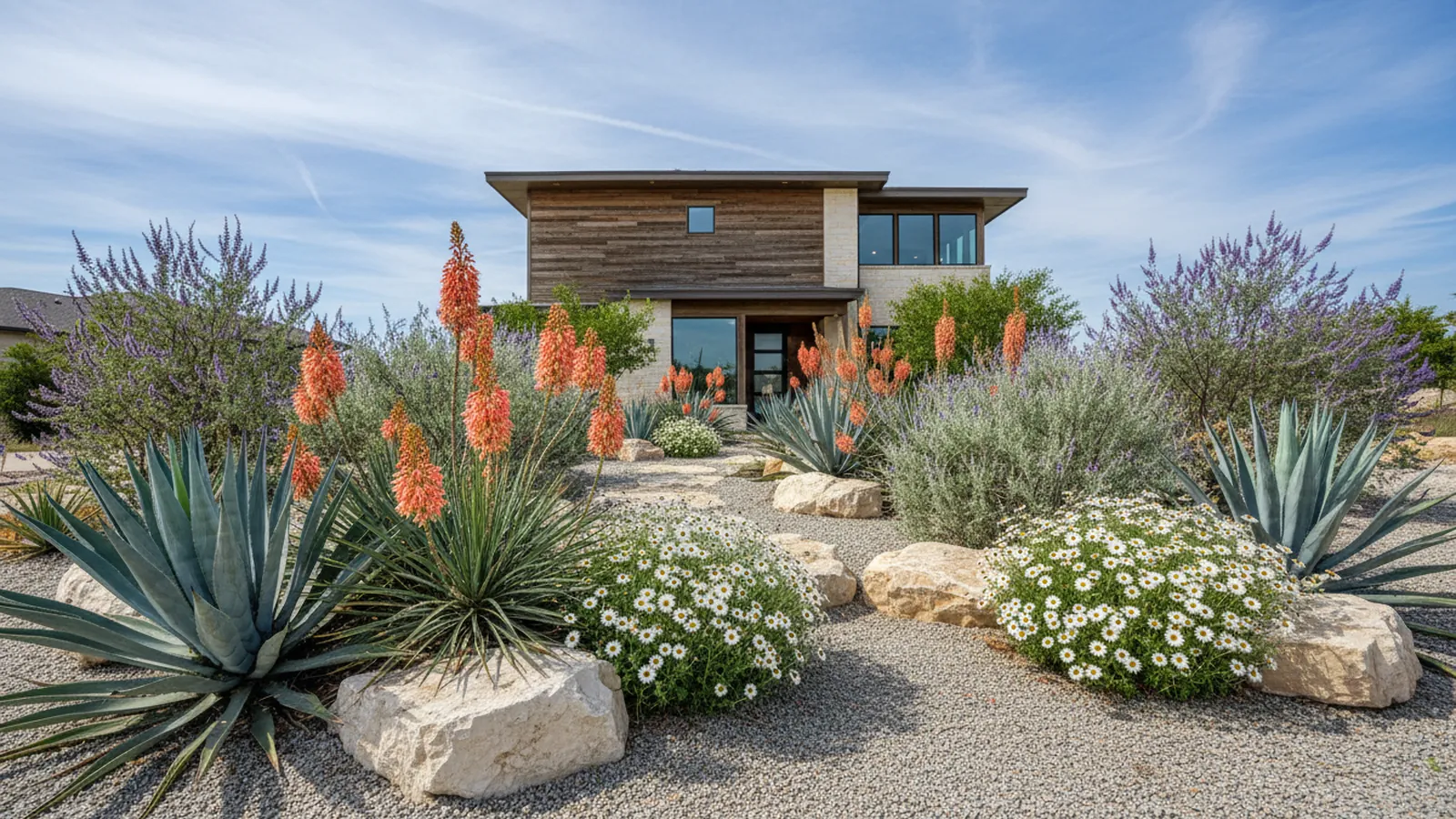 A drought-tolerant front garden of agave, red yucca, blackfoot daisy and crushed granite under a bright Texas sky